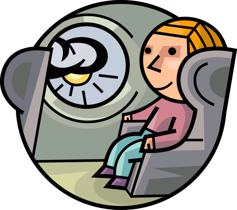 Vector Illustration of Holiday Vacation Airline Passenger Relaxes During Flight on Jet Airplane Travel Voyage