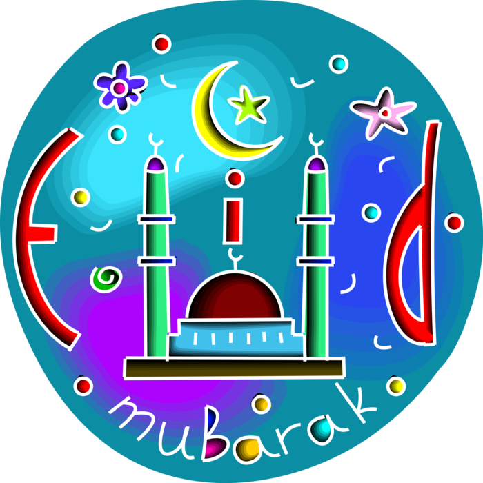 Vector Illustration of Eid Mubarak Greeting used on Festivals of Eid ul-Adha and Eid ul-Fitr with Islamic Muslim Minaret