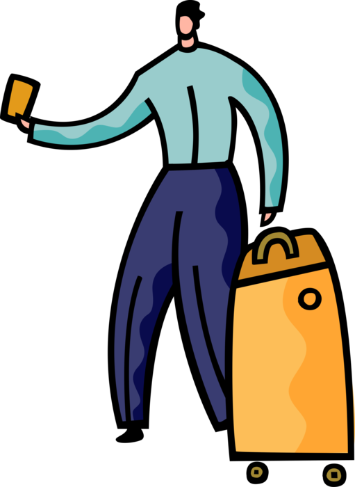 Vector Illustration of Air Travel Passenger with Airline Ticket and Luggage Suitcase Baggage Walks in Airport