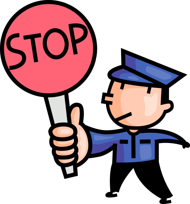 Vector Illustration of School Crossing Guard Stops Automobile Traffic at Crosswalk with Stop Sign