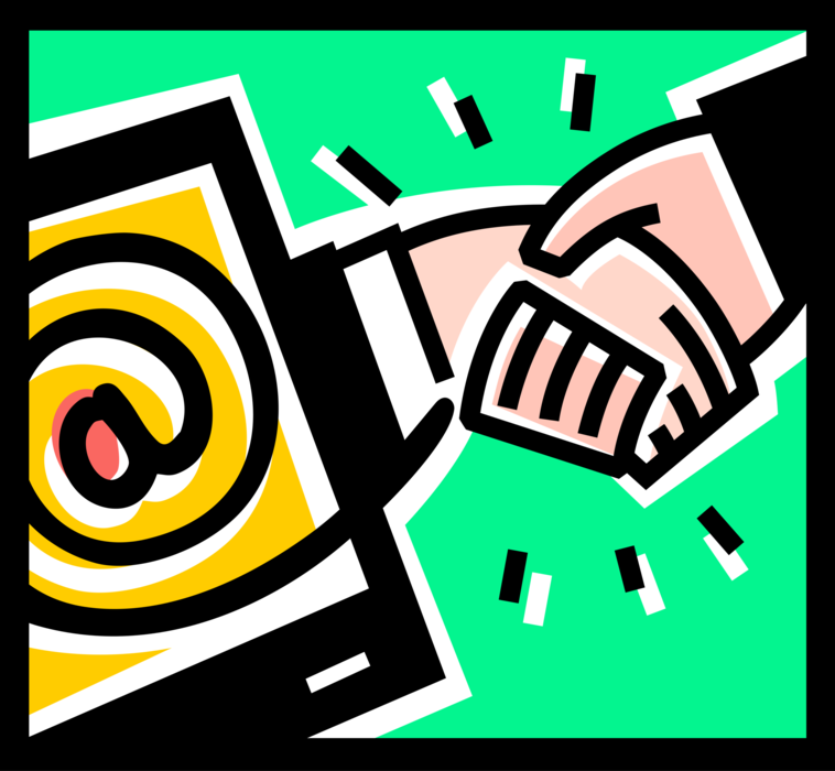 Vector Illustration of Handshake Internet Electronic Mail Email Correspondence @ Symbol Exchanges Digital Messages