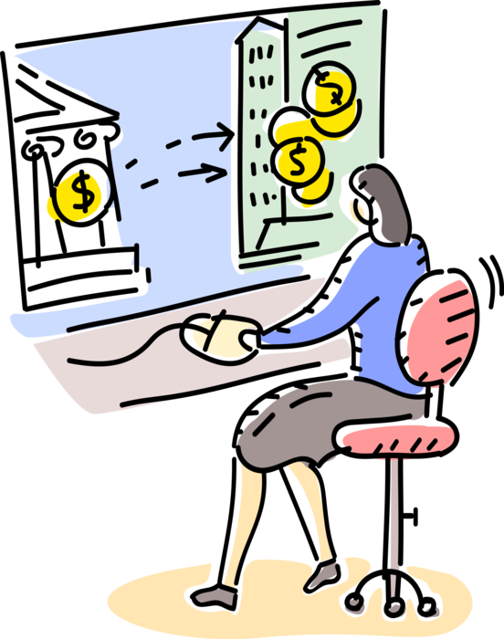 Vector Illustration of Businesswoman Transfers Cash Money Dollars via Internet Online Banking from Office Computer