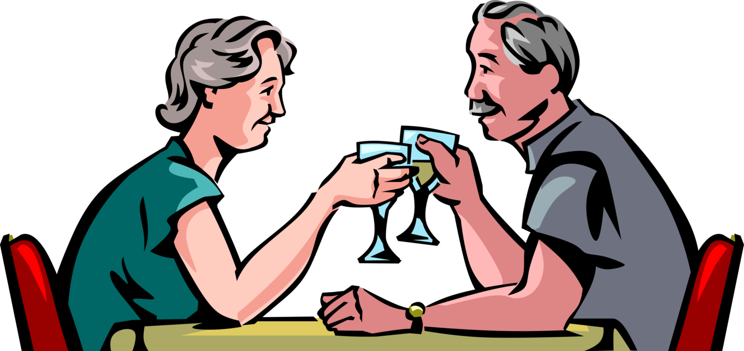 Vector Illustration of Retired Elderly Senior Couple Enjoy Romantic Restaurant Dinner and Toast with Wine Glasses