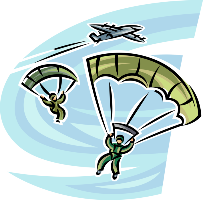 Vector Illustration of United States Navy Seals Parachute from Military Aircraft Airplane in Special Operations Mission