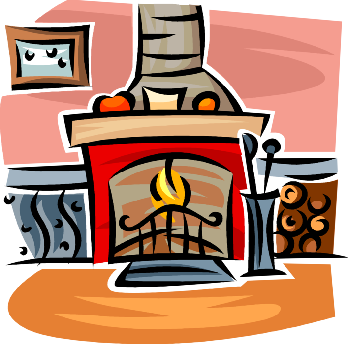 Vector Illustration of Fireplace Hearth with Burning Wood Fire