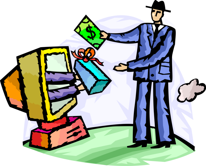 Vector Illustration of Businessman Shops Online for Gift Presents with Cash Payment Transaction