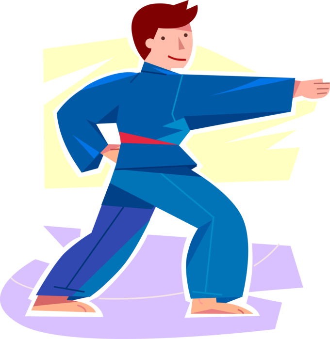 Vector Illustration of Primary or Elementary School Student Martial Artist Boy Practices Self-Defense