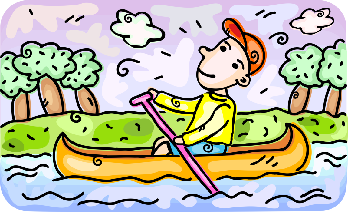 Vector Illustration of Canoeist in Canoe Paddles through Water in the Great Outdoors