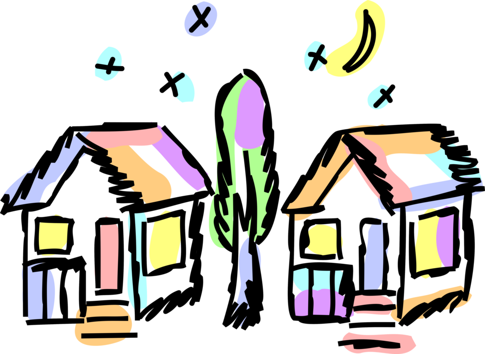 Vector Illustration of Residence Dwelling Cabin Houses with Star and Moon at Night