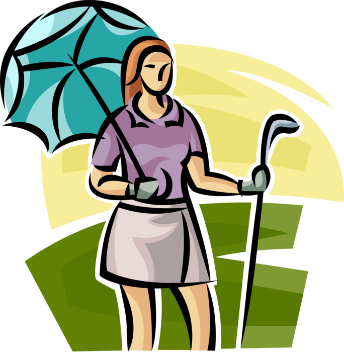Vector Illustration of Sport of Golf Golfer Stands with Golf Club and Umbrella or Parasol Rain Protection