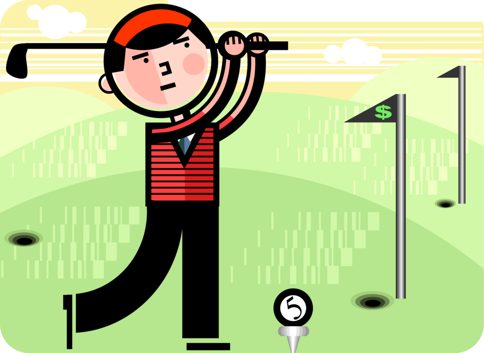 Vector Illustration of Businessman Golfer Swings Golf Club in Attempt to Get Financial Hole in One