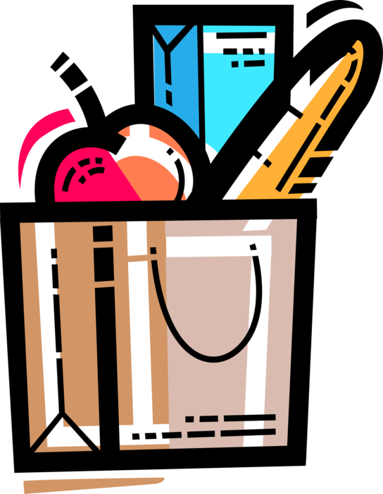 Vector Illustration of Supermarket Shopping Grocery Bag with Fruit Apple and Food Staples Bread, and Milk