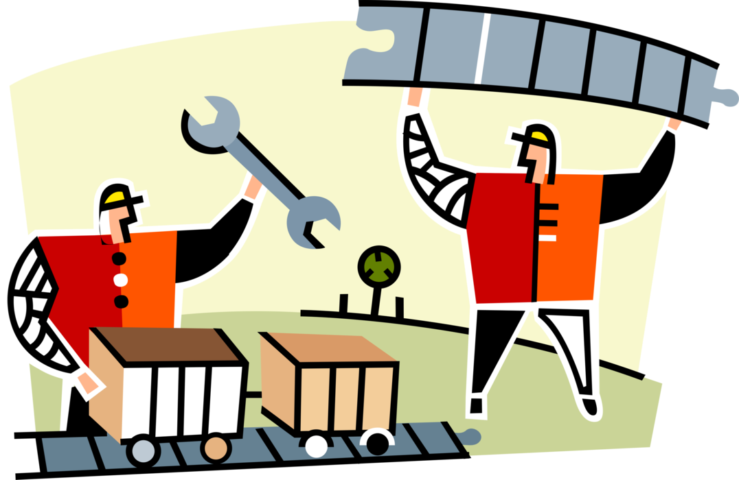 Vector Illustration of Railway Construction Workers Build Railroad Tracks for Rail Transport Trains