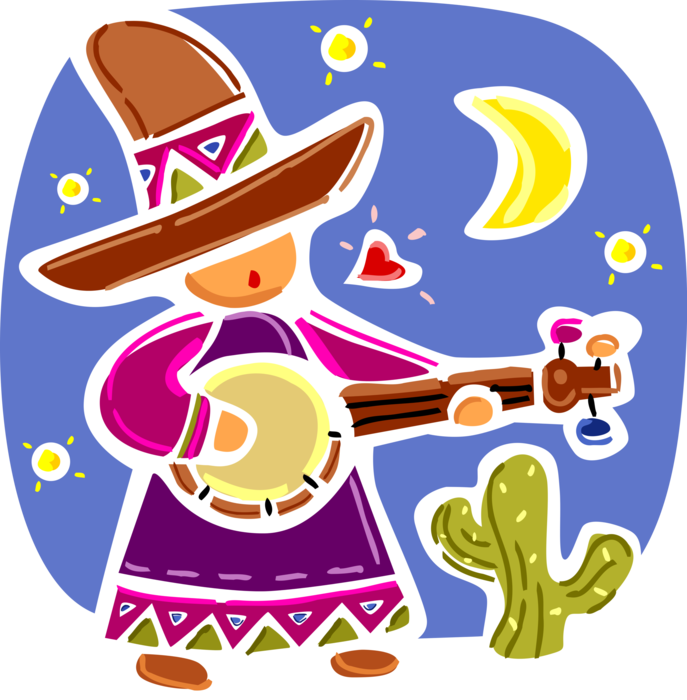 Vector Illustration of Spanish Guitarist Serenades with Love Songs Under the Stars with Desert Succulent Cactus