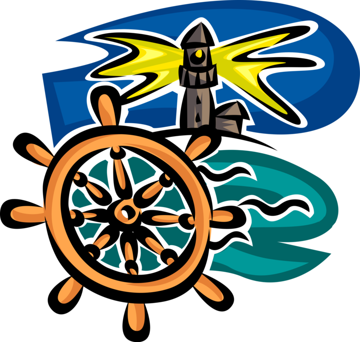Vector Illustration of Lighthouse Beacon and Ship's Helm Wheel or Boat's Wheel lets Captain Change Vessel Course