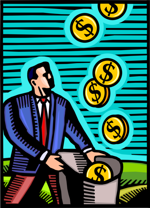 Vector Illustration of Businessman Capitalist Accumulates Financial Wealth Through Investments with Cash Coin Money