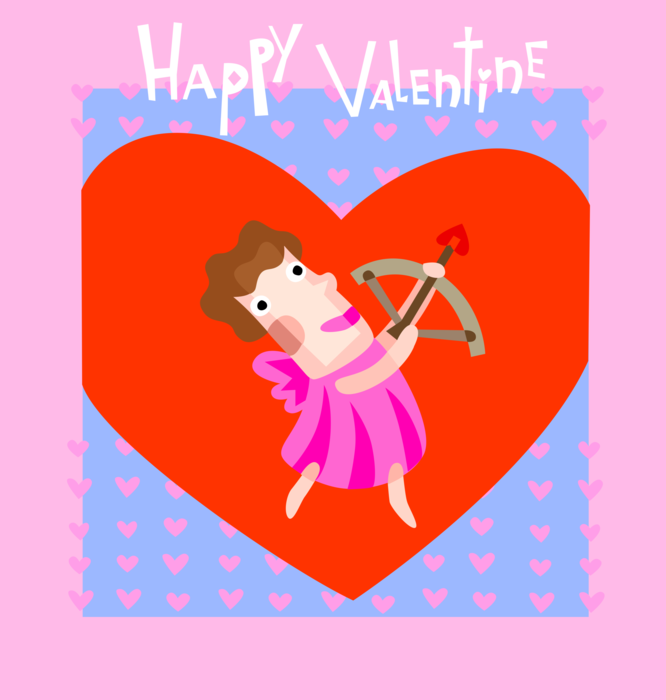 Vector Illustration of Valentine's Day Sentimental Greeting Card with Cupid Archer Angel with Wings and Archery Bow and Arrow