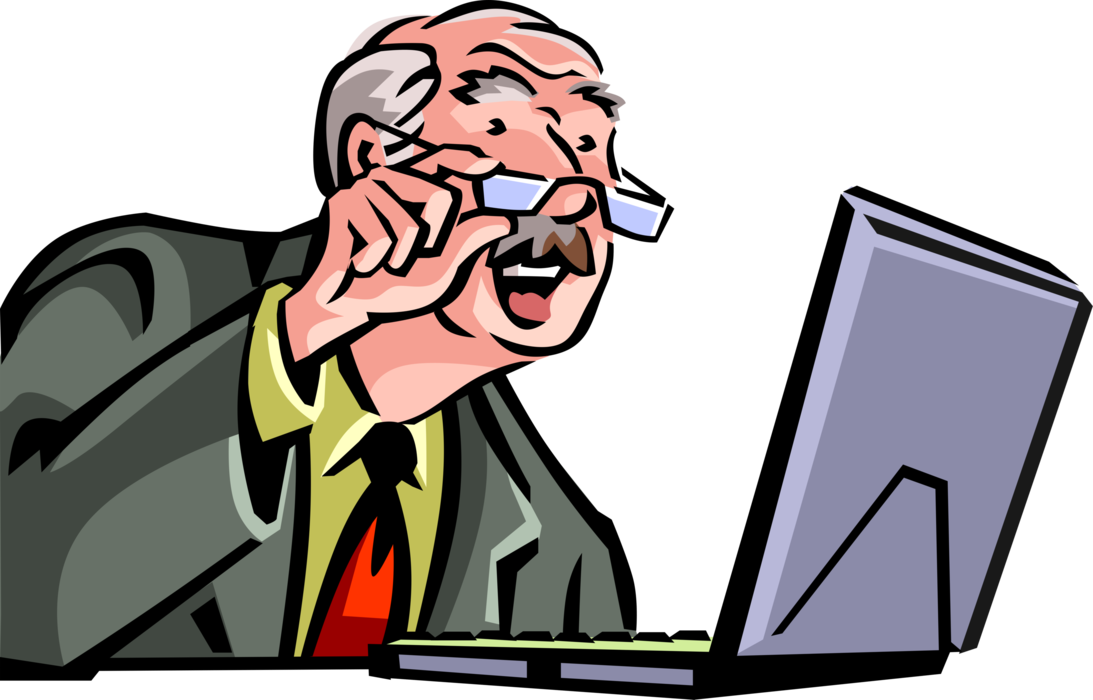 Vector Illustration of Grizzled Senior Management Businessman Catches Up on Internet Porn with Online Computer