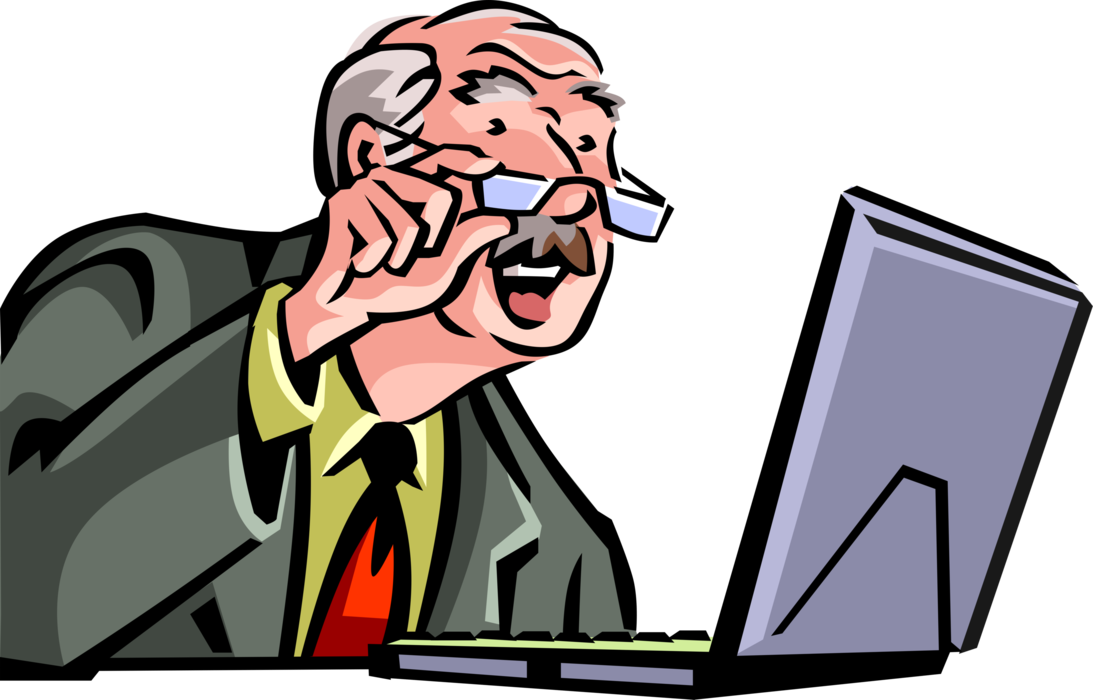 Vector Illustration of Grizzled Senior Management Businessman Catches Up on Internet Porn with Online Computer