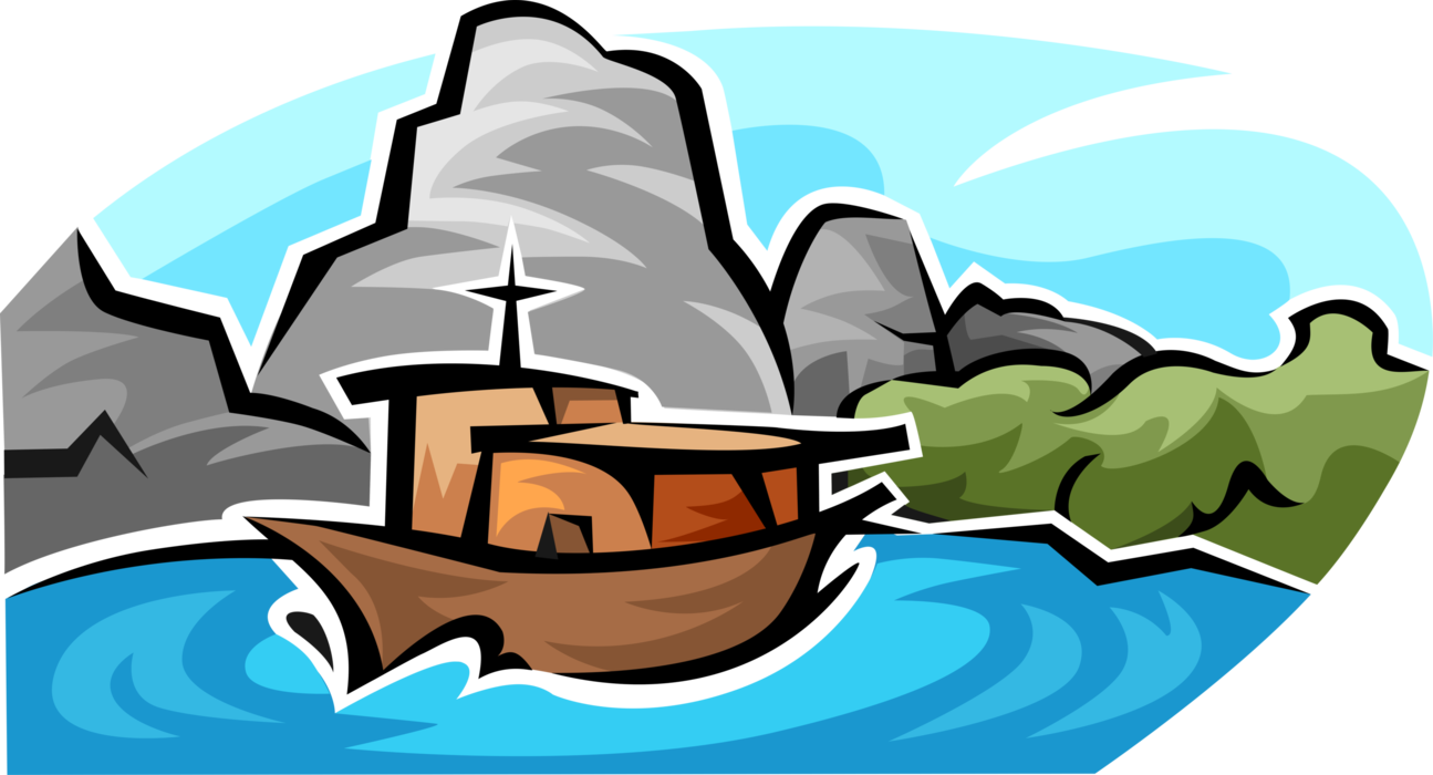 Vector Illustration of Pleasure Boat Watercraft Water-Borne Vehicle on Ocean with Island