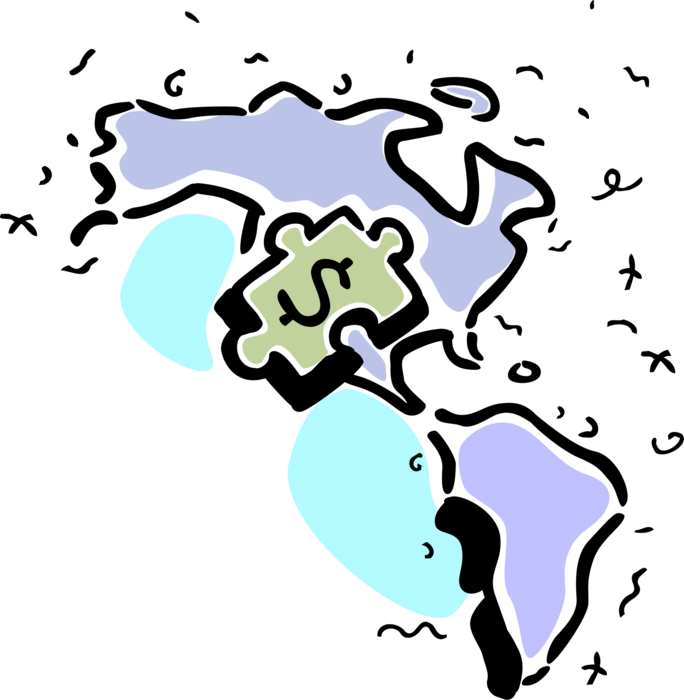 Vector Illustration of North and South America Continents Financial Markets with Cash Money Dollar Puzzle Piece