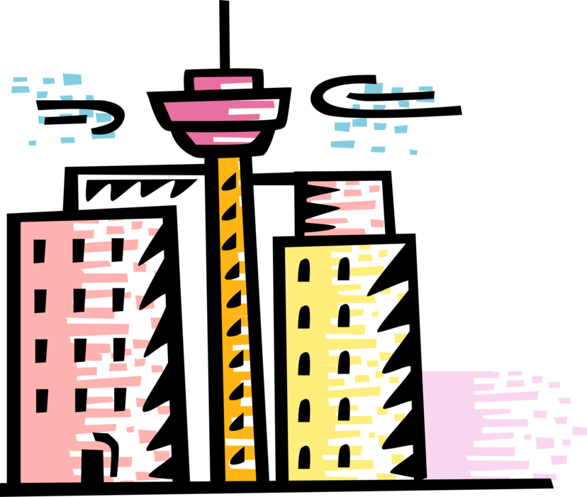 Vector Illustration of Urban Metropolitan Cityscape Skyline Office Buildings with Communications Tower with Observation Deck