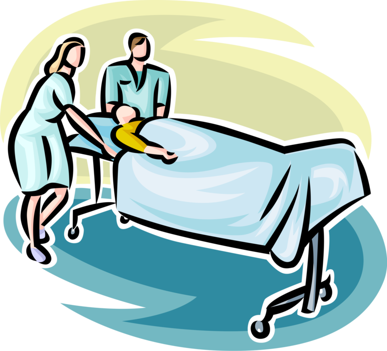 Vector Illustration of Hospital Patient on Gurney Wheeled Away by Hospital Nursing Staff