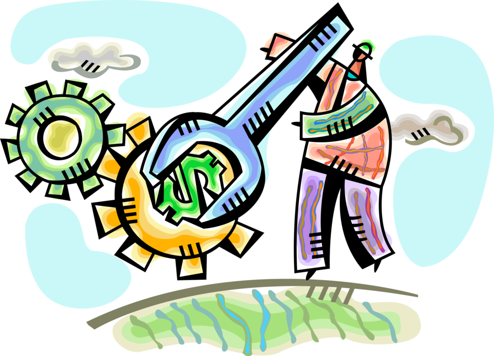 Vector Illustration of Businessman Fine Tunes Financial Cogwheel Gear Mechanism with Wrench Tool