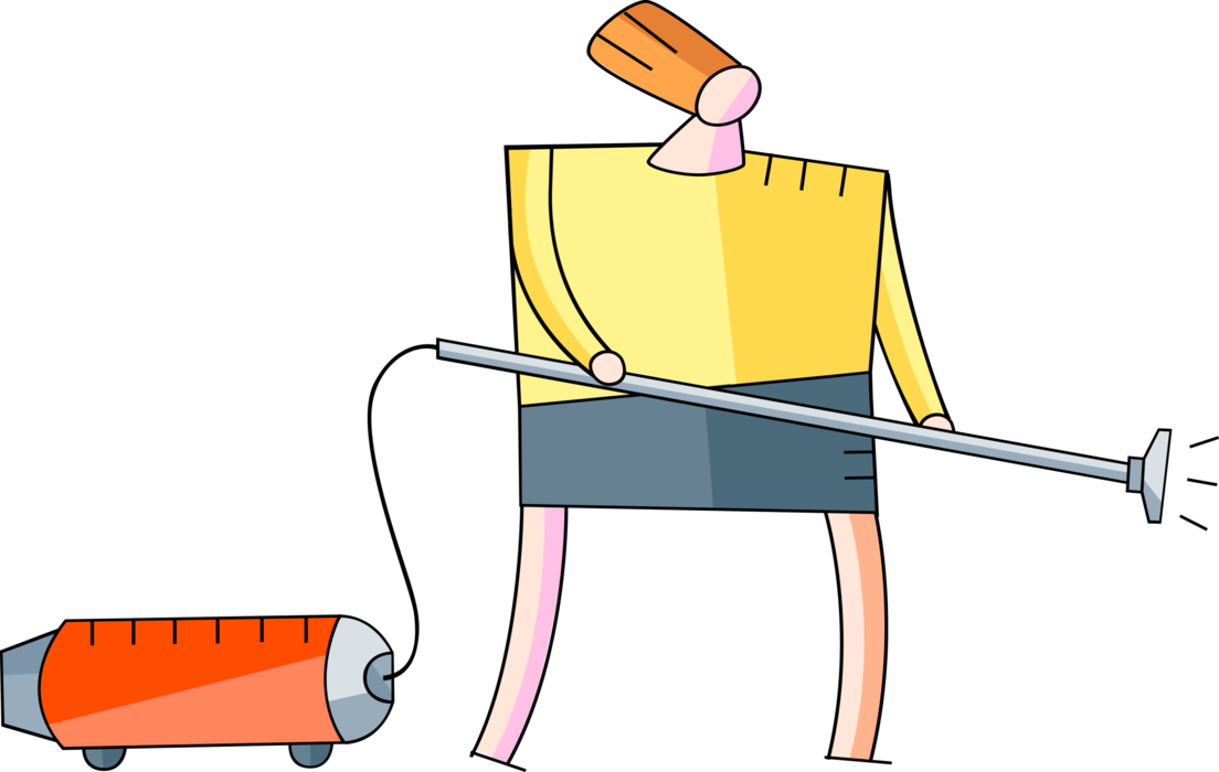 Vector Illustration of Woman Cleaning and Vacuuming Carpets and Floor with Vacuum Cleaner