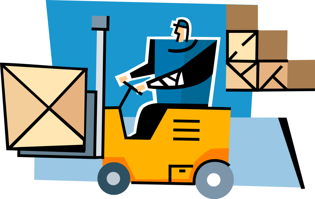 Vector Illustration of Warehouse Worker Drives Industrial Forklift Truck Lifting Heavy Object Crates