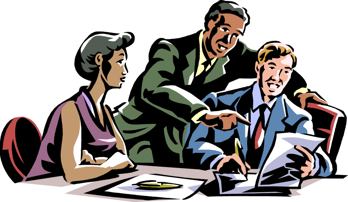 Vector Illustration of Business Associates in Boardroom Meeting Discuss Sales Results