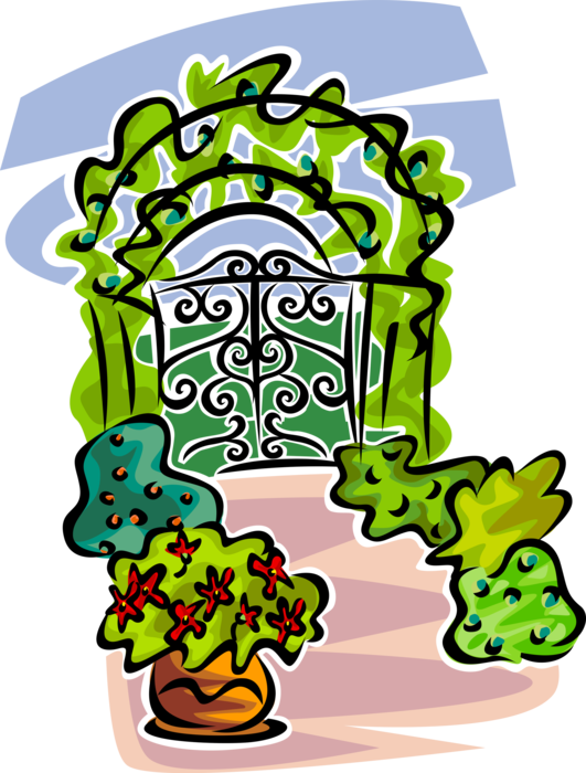 Vector Illustration of Garden Entrance Gate with Vines and Flowers in Pots