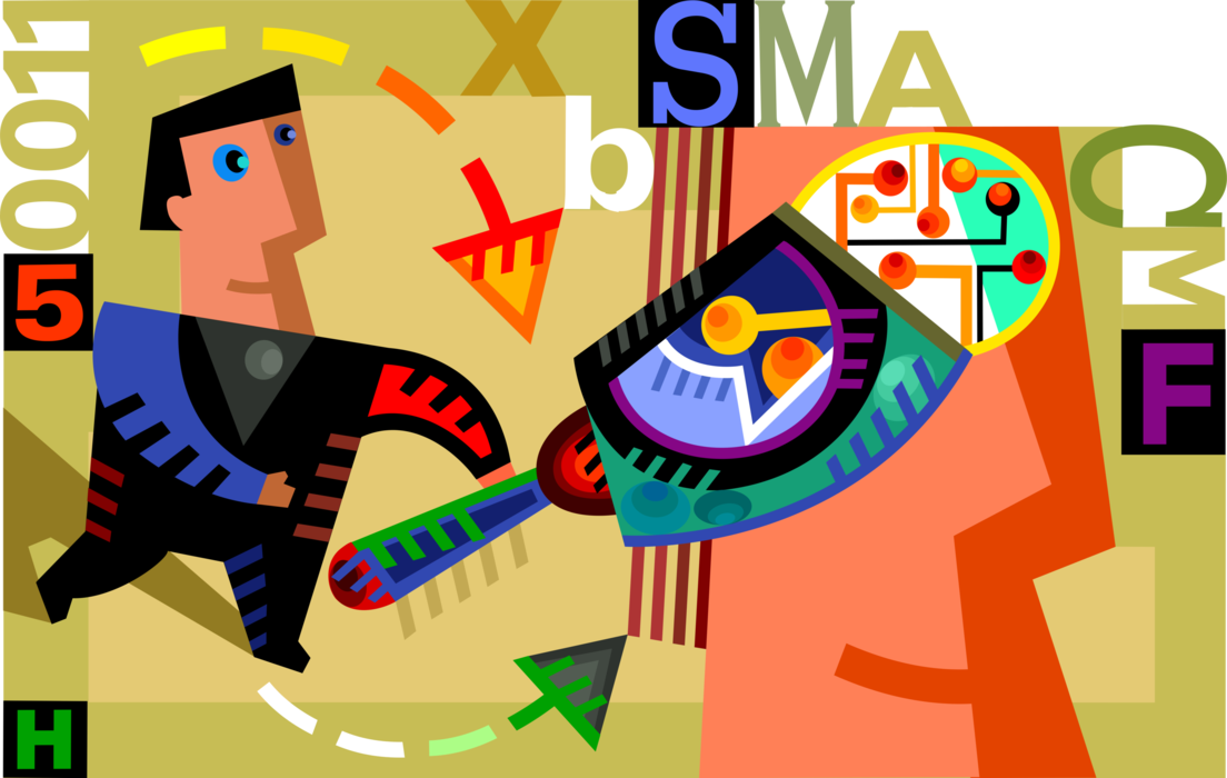 Vector Illustration of Businessman Investigates Computer Technology Integration with Magnifying Glass