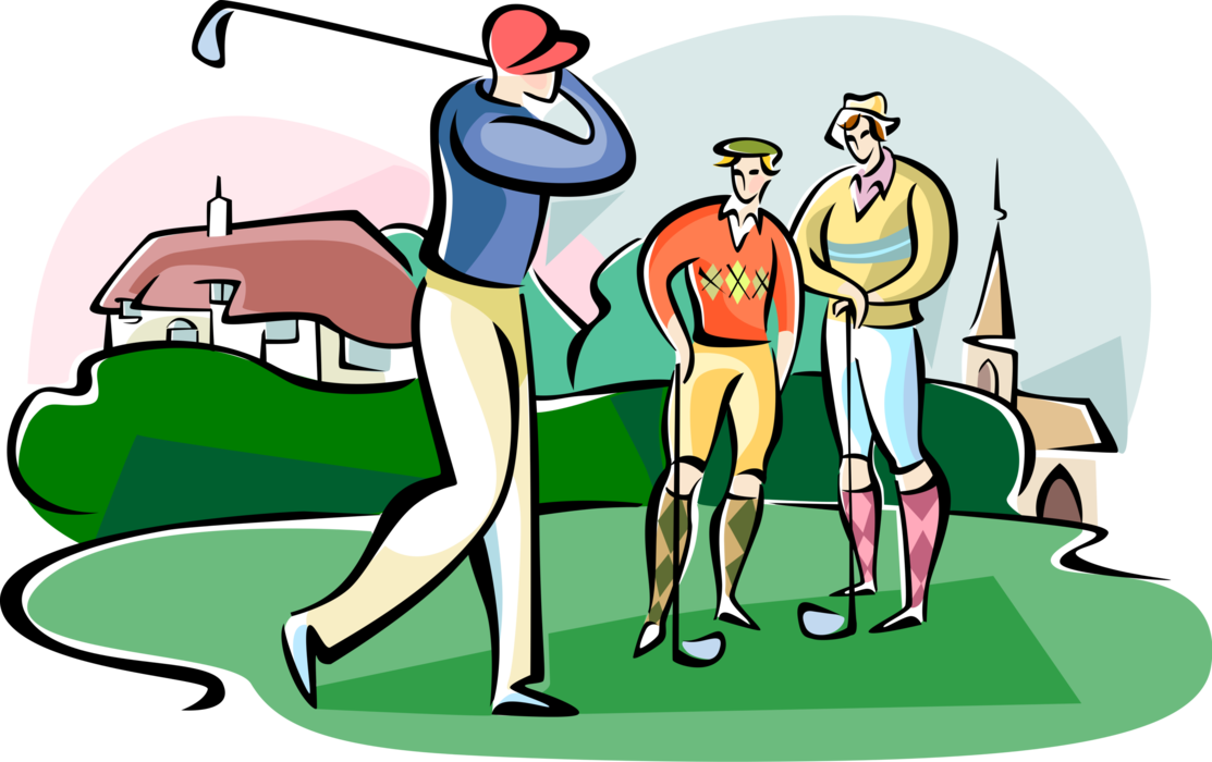 Vector Illustration of Sport of Golf Golfer Teeing Off with Golf Club and Ball