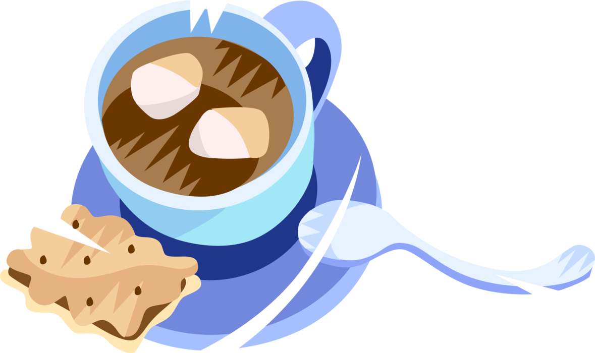 Vector Illustration of Hot Chocolate Cocoa Hot Drink Beverage with Marshmallows in Mug with Baked Cookie Biscuit