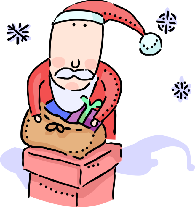 Vector Illustration of Santa Claus, Saint Nicholas, Saint Nick, Father Christmas, Kris Kringle Climbs Down Chimney on Christmas