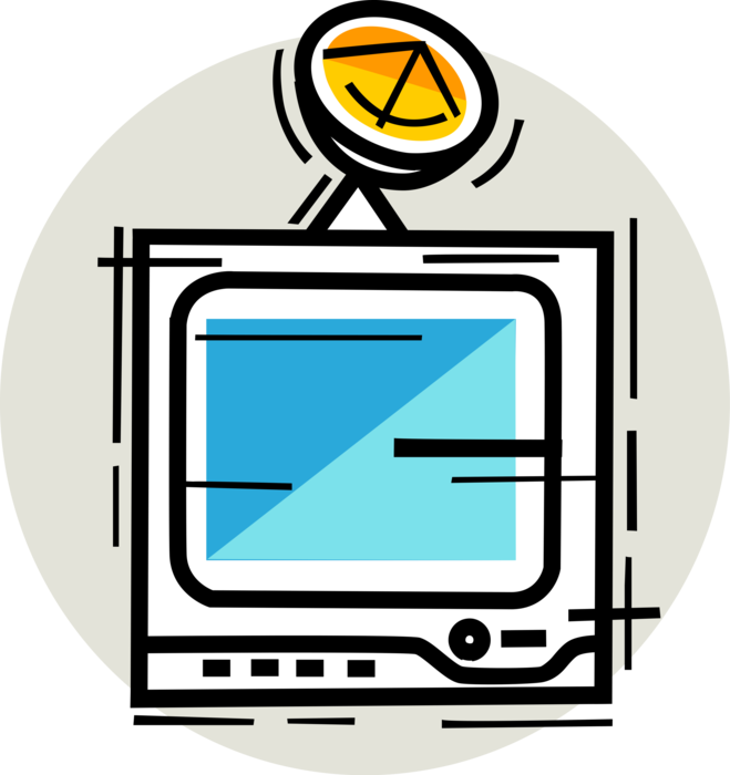 Vector Illustration of Television with Satellite Dish Parabolic Antenna Send and Receive Electromagnetic Signals