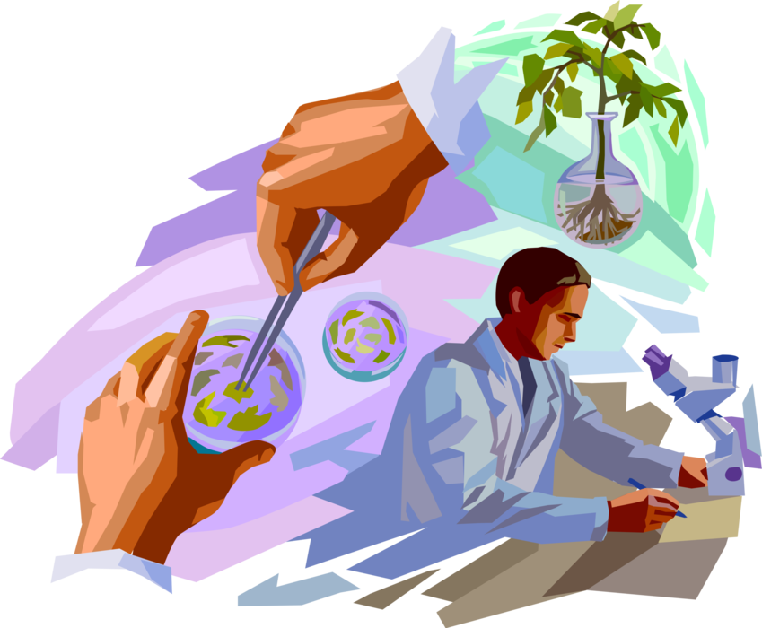 Vector Illustration of Biologist Plant Scientist Studies Plant Biology or Phytology in Research Laboratory