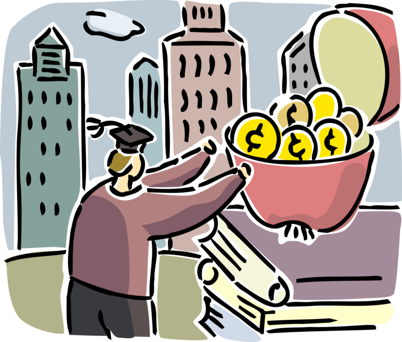 Vector Illustration of High School, College and University Academic Student Invests Cash Money for Higher Education Costs