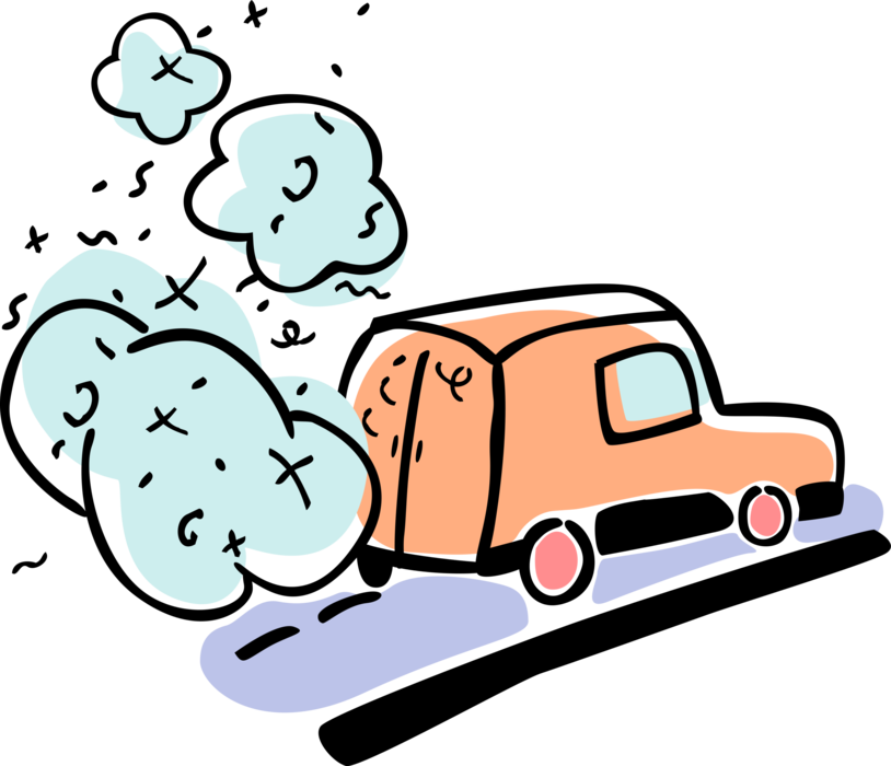 Vector Illustration of Commercial Delivery Van Truck Vehicle with Exhaust Pollution Cloud