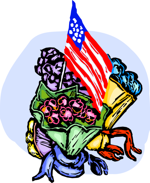 Vector Illustration of Patriotic Makeshift Memorial Tribute with Flower Bouquets and American Flag