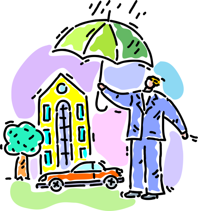 Vector Illustration of Homeowner with Umbrella Protection Insurance Policy Coverage Against Risk and Liability