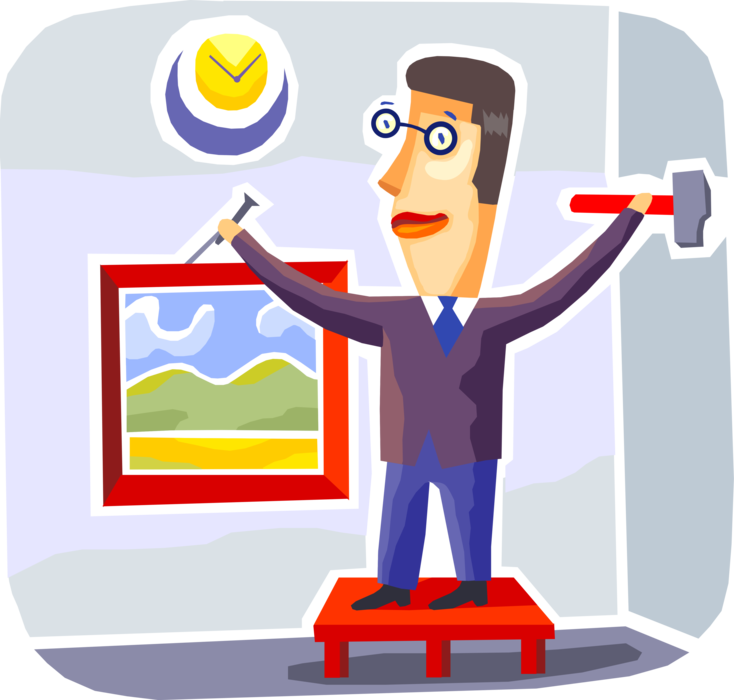 Vector Illustration of Handyman Businessman Hangs Photograph Picture in Office with Hammer and Nail