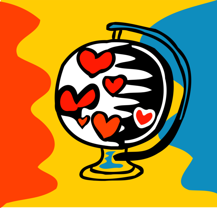 Vector Illustration of Romantic Love Hearts on Three-Dimensional, Spherical, Scale model Terrestrial Geographical World Globe