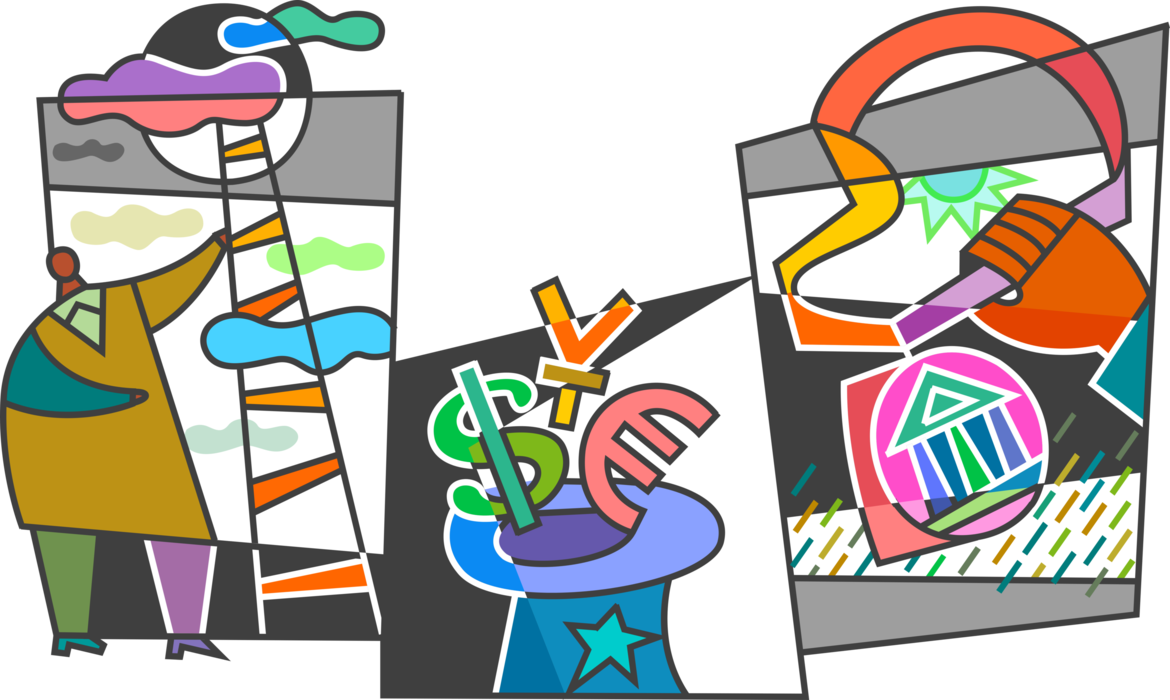 Vector Illustration of Climbing Ladder to Reach for Stars with Magic Act Magician Creating Financial Success