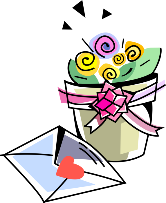Vector Illustration of Valentine's Day Sentimental Gift of Potted Flower Plant with Love Letter Envelope