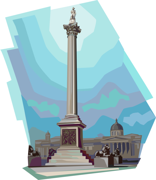 Vector Illustration of Nelson's Column Monument, Trafalgar Square, London Commemorates Admiral Horatio Nelson