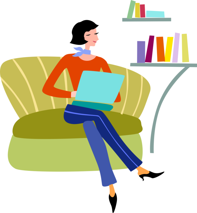 Vector Illustration of Businesswoman Works from Home on Comfortable Chair Furniture with Computer
