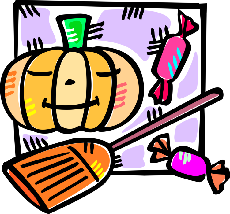 Vector Illustration of Halloween Jack-o'-Lantern Carved Pumpkin and Witch's Broomstick with Trick or Treat Candy