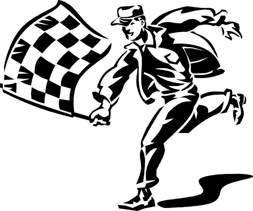 Vector Illustration of Motor Race Track Official with Racing Checkered or Chequered Flag at Finish Line